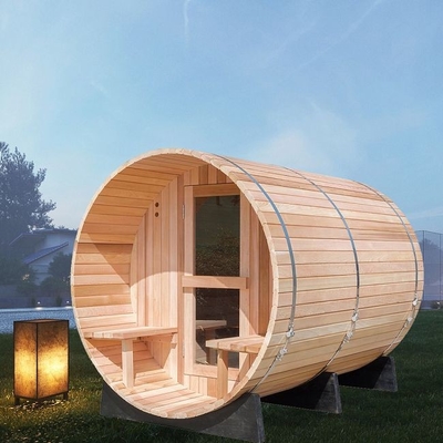 Traditional Steam Heater Outdoor Wooden Barrel Sauna Room With Porch
