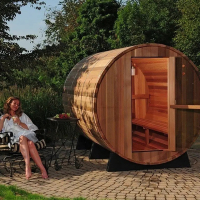 Outdoor Cedar Sauna Barrel Wood Burning Stove Dry Steam Sauna For 6 Person