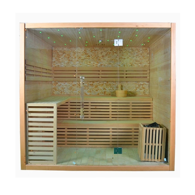 Rectangular Wood Color Home Sauna Room With Tempered Glass Safety System 0-60 Minutes Timer