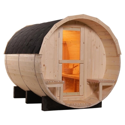 6 Person Barrel Sauna With 6KW Stove Heater 8mm Tempered Glass Door Wood Color 15-99 MIN Timer