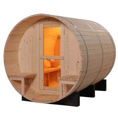 6 Person Barrel Sauna With 6KW Stove Heater 8mm Tempered Glass Door Wood Color 15-99 MIN Timer