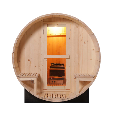 6 Person Barrel Sauna With 6KW Stove Heater 8mm Tempered Glass Door Wood Color 15-99 MIN Timer