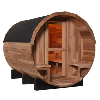 Canadian Red Cedar Wood Barrel Sauna 15-99 MIN 15~90℃ 8mm Tempered Glass Door 2-8 People