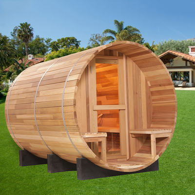 Canadian Red Cedar Wood Barrel Sauna 15-99 MIN 15~90℃ 8mm Tempered Glass Door 2-8 People
