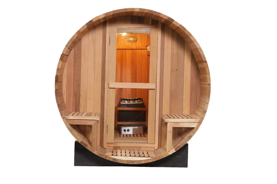Canadian Red Cedar Wooden Barrel Sauna Wooden Sauna Barrel With 6KW Heater 8mm Tempered Glass Door