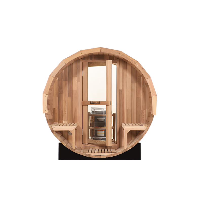 Op maat gemaakte, nieuwe houten panoramische buitensauna van rood cederhout (tonvormig) 002